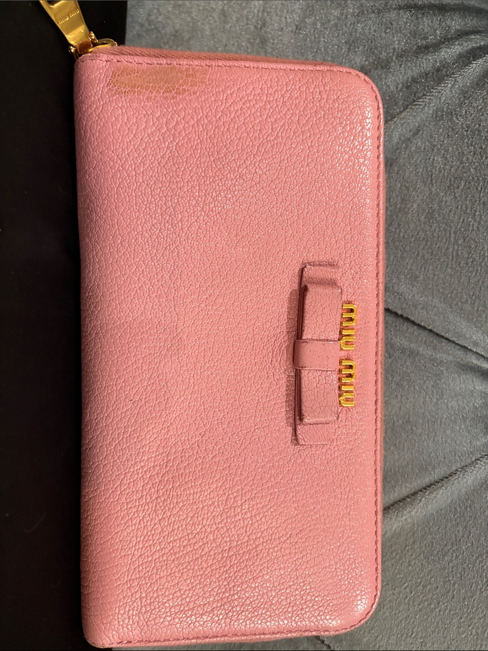 Authentic Miu Miu Pink Grained Leather Zip-Around Wallet with Bow Accent